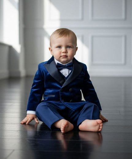 Baby Boys' White Velvet Shawl Lapel Tuxedo Suit, Bow Tie 5-Piece Set: Wedding Ring Bearer Baptism Birthday Party Graduation Photoshoot