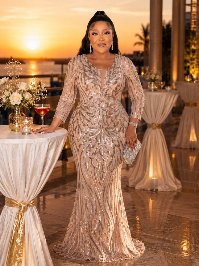 Classy Champagne Sequin Mermaid Dress for Mother of The Bride Wedding Party Cocktail Reception Birthday Photoshoot