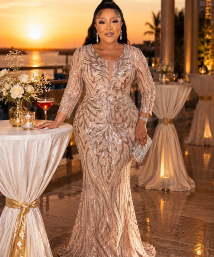 Classy Champagne Sequin Mermaid Dress for Mother of The Bride Wedding Party Cocktail Reception Birthday Photoshoot