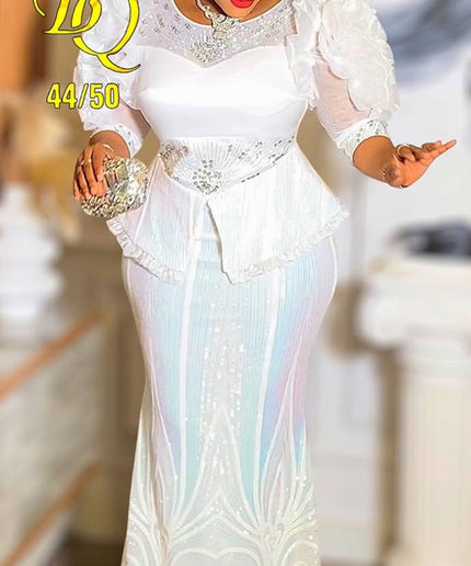 White Dramatic Sleeve Sequin Peplum Maxi Dress