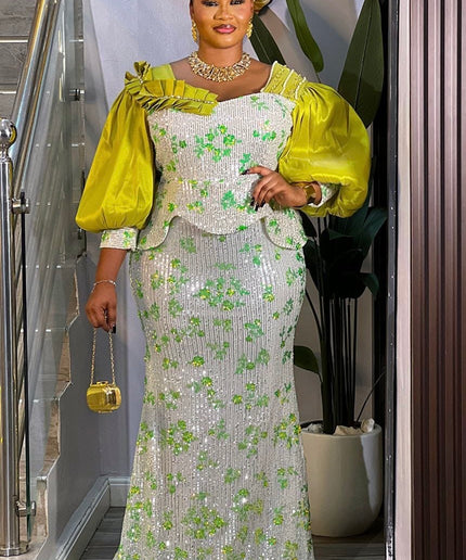 Orange Sequin Embellished Puff Sleeve Mermaid Dress: Cocktail Dinner Anniversary Wedding Guest Attire