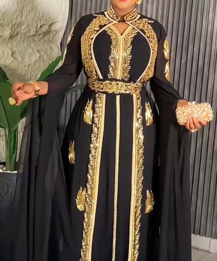 Gold Beaded Kaftan Dress Draped Sleeves Birthday Party Wedding Gala FASHIONISKO Gold Beaded Kaftan Dress Draped Sleeves Birthday Party Wedding Gala FASHIONISKO