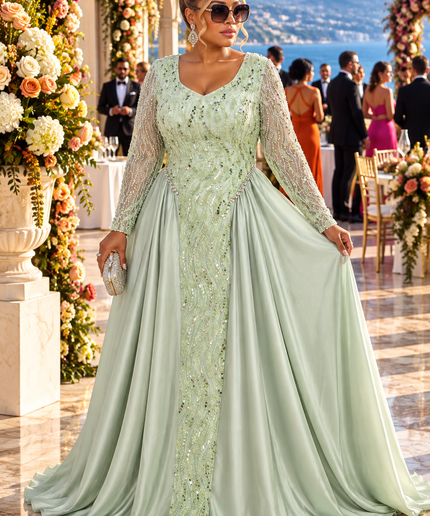 "Watch Me Walk In" Beige Sequin Beaded Draped Maxi Dress Wedding Guest Mother of The Bride Cocktail Reception Celebrant Birthday Party Formal Evening Gown Plus Size
