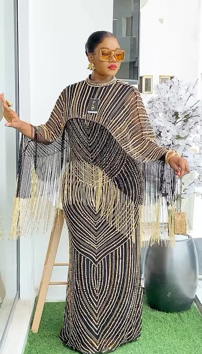 Gold Fringe Crystal Beaded Maxi Dress | Wedding Ceremony Bridal Party Graduation Gala
