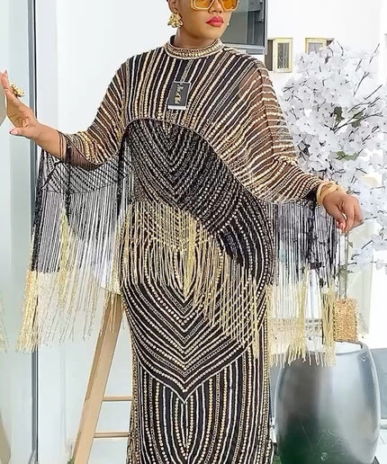 Fringe Crystal Beaded Maxi Dress | Wedding Ceremony Bridal Party Graduation Gala