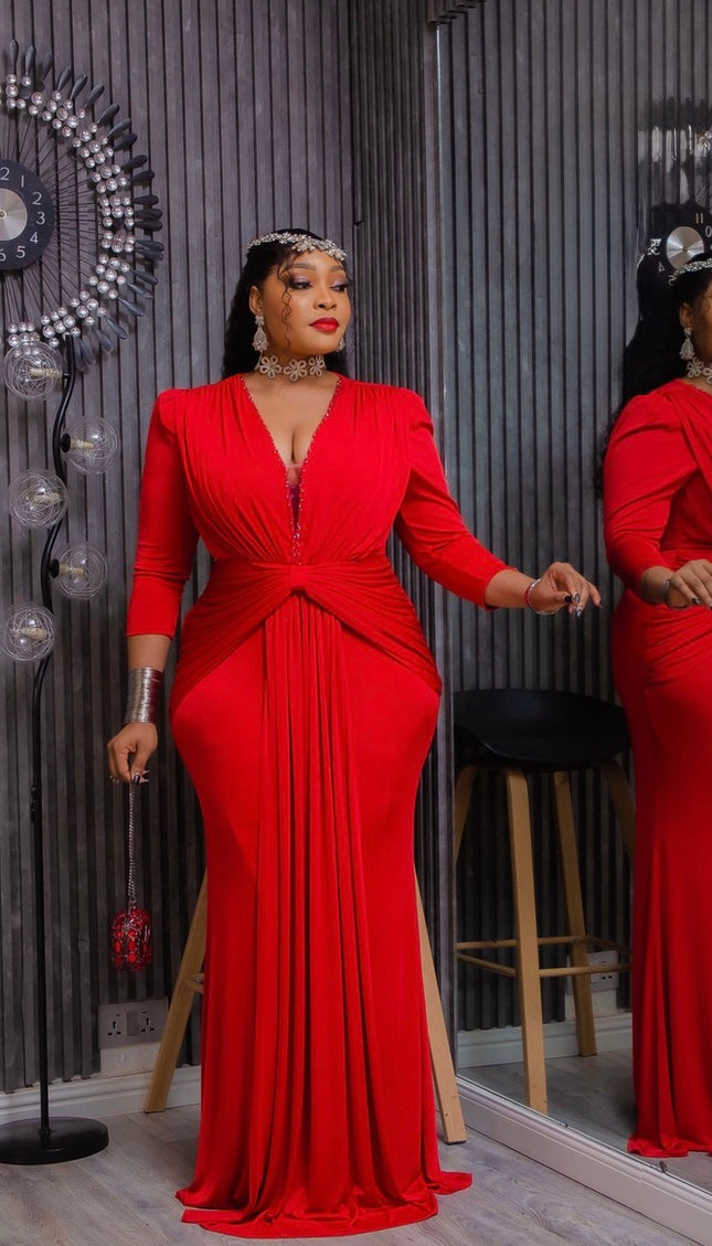 Red Embellished Draped Ruched Maxi Dress