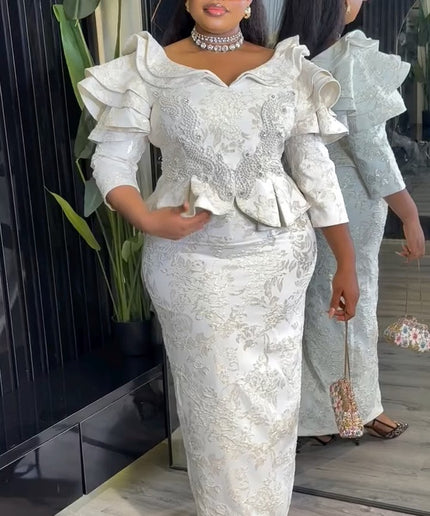 Ruffle Sleeve Applique Embroidered Top and Skirt | Wedding Guest Birthday Party Anniversary Photoshoot Celebration
