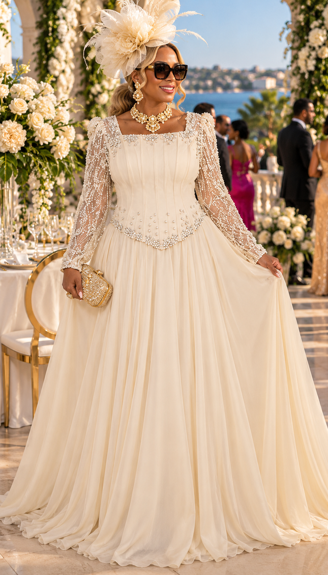 "Ready For The Spotlight" Beige Crystal-Embellished Mother of The Bride A-Line Dress Wedding Guest Celebrant Birthday Holiday Cocktail Reception Party Floor-Length Formal Evening Gown Plus Size