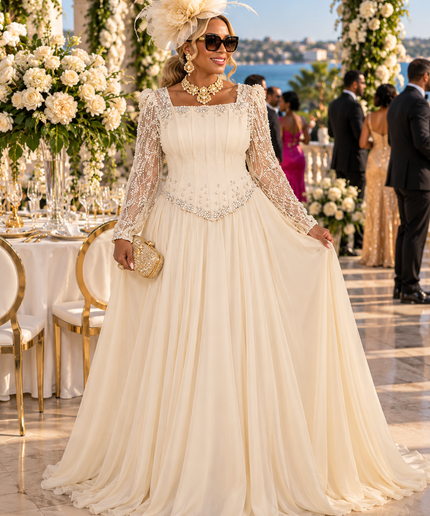 "Ready For The Spotlight" Beige Crystal-Embellished Mother of The Bride A-Line Dress Wedding Guest Celebrant Birthday Holiday Cocktail Reception Party Floor-Length Formal Evening Gown Plus Size