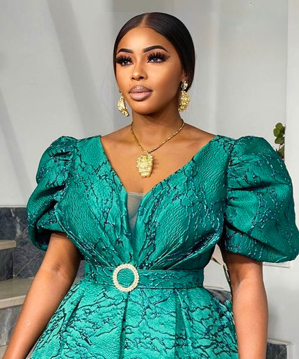 Metallic Green Brocade A-Line Gown Pleated Long Maxi, Wedding Guest Mother of The Bride Cocktail Party Reception
