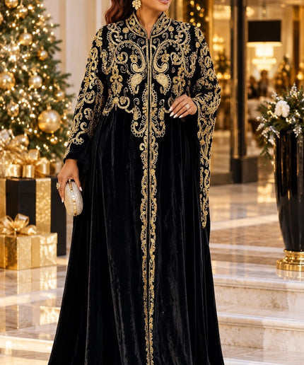Luxury Black & Gold Beaded Embroidery Velvet Kaftan Cape Dress 2-Piece Set for Holiday Cocktail Party Wedding Guest Birthday Dinner Church Gala Formal Caftan Gown Plus Size