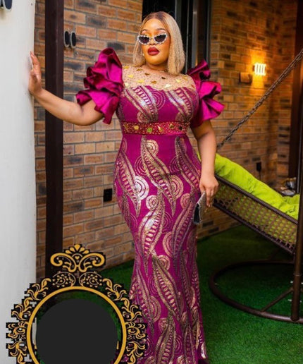 Dramatic Ruffle Sleeve Wine Sequin Mermaid Gown - Mother of The Bride Wedding Guest Photoshoot