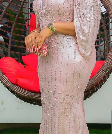 Metallic Orange Embellished Cape Sleeve Mermaid Gown