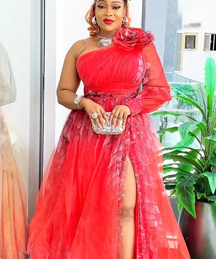 One Shoulder Tulle A-Line Maxi Gown with Slit, Mother of The Bride Plus Size Blue Summer Wedding Guest Gown Birthday Party Cocktail Gala