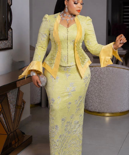 Eye-Catching Yellow Brocade Embellished Skirt Set Split Bell Sleeve Suit for Mother of The Bride Wedding Birthday Party Outfit