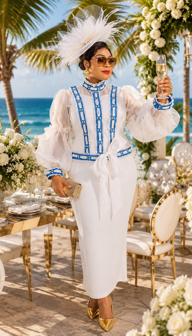 "Dressed To Impress" White Organza Ruffle Denim Trim 2-Piece Top & Skirt Set Wedding Guest Mother of The Bride Church Birthday Party Holiday Cocktail Reception Engagement Ceremony Outfit