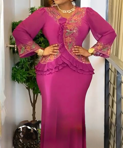 Black Rhinestone-Embellished Ruffle Peplum Maxi Dress: Wedding Guest Outfit