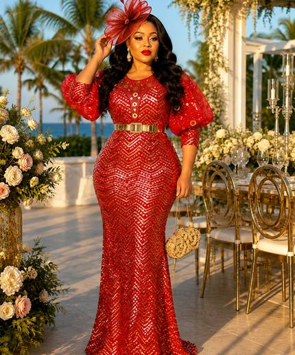 Luxury Black & Gold Sequin Puff Sleeve Maxi Dress for Wedding Guest Birthday Party Formal Evening Gown Church Anniversary Dinner