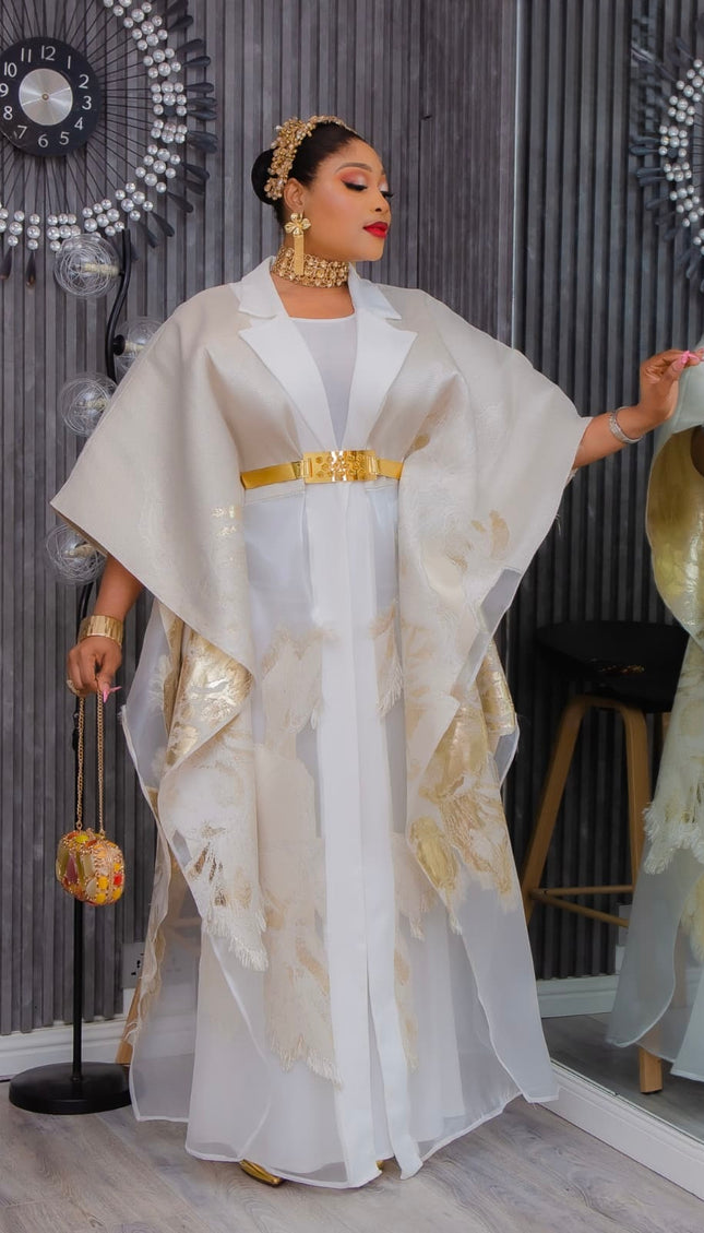 Elegant Gold Brocade Kaftan Dress 2-Piece Set, White Party Outfit Nigerian Engagement Traditional Ceremony Attire Mother of The Bride Photoshoot Wedding Guest