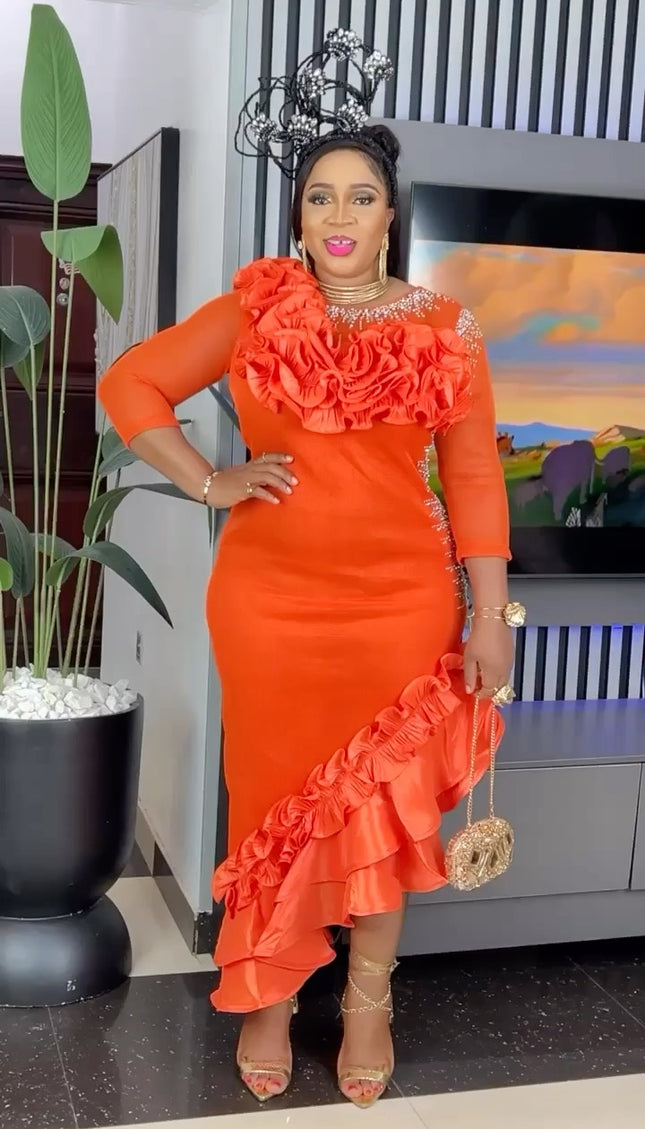 Ruffle Embellished Asymmetric Midi Dress
