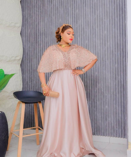 Fancy Embellished Cape A-Line Gown | Mother of The Bride Anniversary Celebration Birthday Photoshoot Party