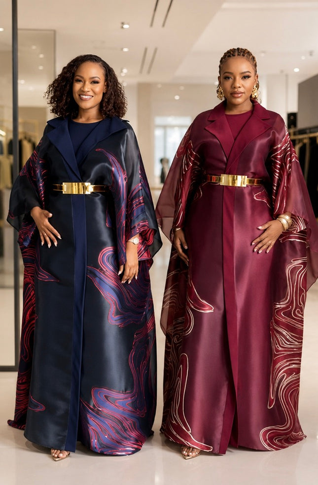 Elegant Burgundy Brocade Kaftan 3-Piece Outfit
