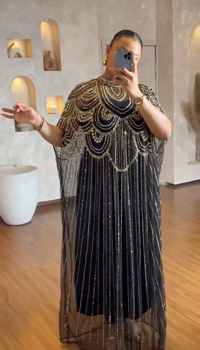 Embellished Kaftan Dress, Black Beaded Wedding Guest Dress, Plus Mother of The Bride A-Line Maxi Gown Long Floor Length