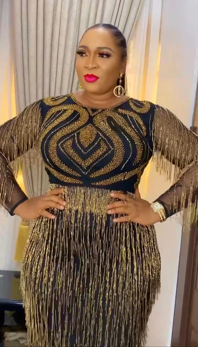 Gold Beaded Fringe Maxi Dress Embellished Wedding Guest Dress Birthday Party Cocktail Dinner Celebrant Worthy