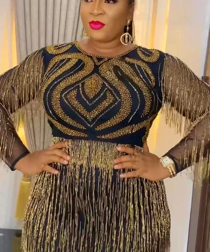 Gold Beaded Fringe Maxi Dress Embellished Wedding Guest Dress Birthday Party Cocktail Dinner Celebrant Worthy