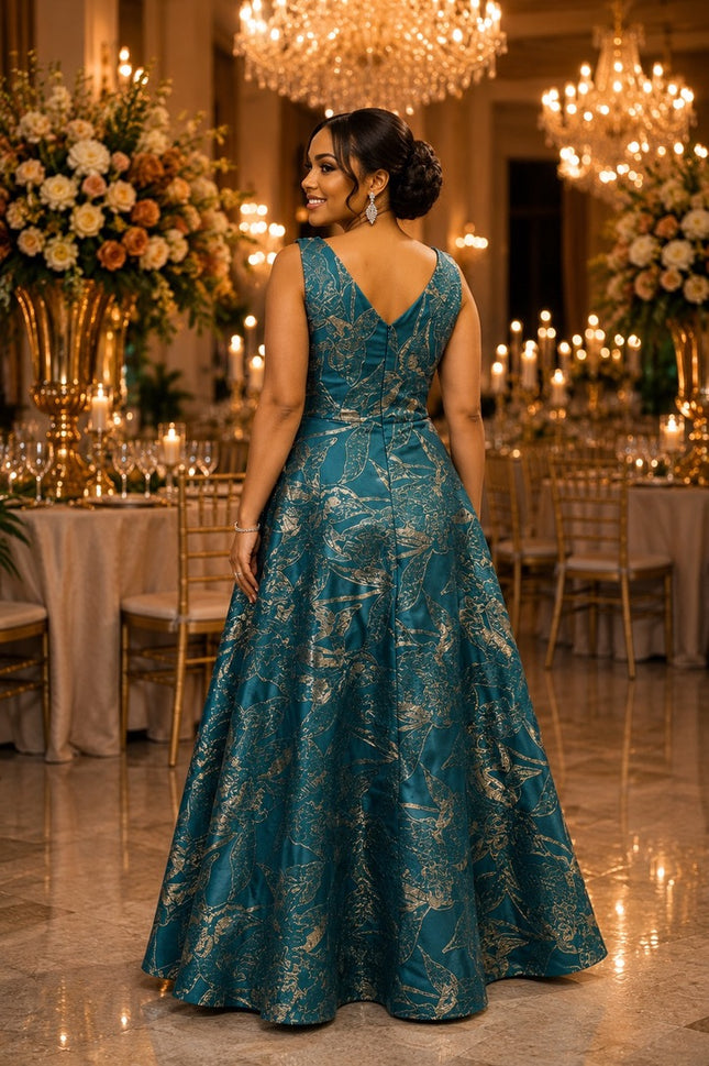 Black & Gold Floral Brocade Shoulder Bow Twirl A-Line Dress for Wedding Cocktail Bridal Photoshoot