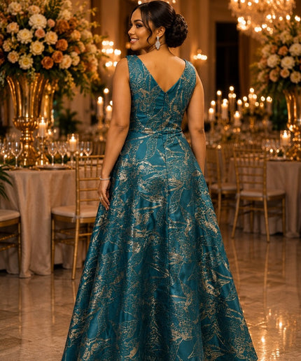 Gold Floral Brocade Shoulder Bow Twirl A-Line Dress for Wedding Guest Mother of The Bride Cocktail Party Outfit