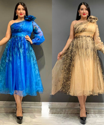 One Shoulder Gold Summer Wedding Guest Dress, Curvy Mother of The Bride A Line Dress Rosette Tea Length Twirl Midi, Plus Size Party Cocktail Gala
