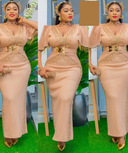 Fringe Beaded Cap Sleeve Embellished Maxi Dress