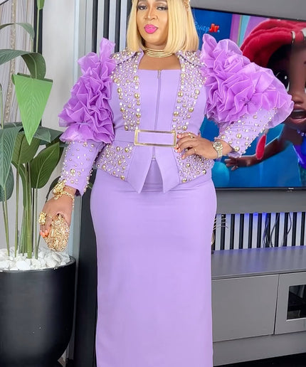 Dramatic Ruffle Sleeve Embellished Top and Skirt