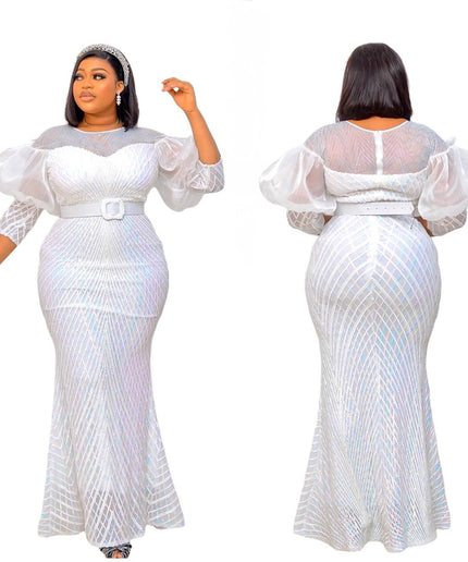 Sparkly White Sequin Mother of The Bride Mermaid Gown, Puff Sleeve Wedding Guest Dress Gala Birthday Party Cocktail