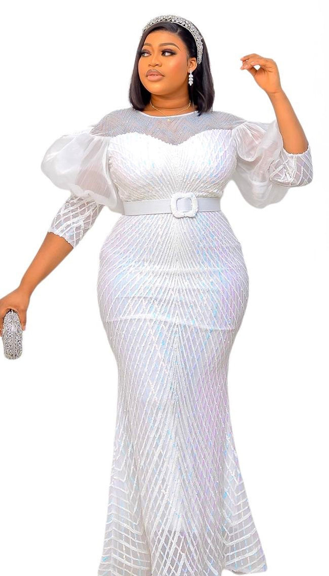 Sparkly White Sequin Mother of The Bride Mermaid Gown, Puff Sleeve Wedding Guest Dress Gala Birthday Party Cocktail