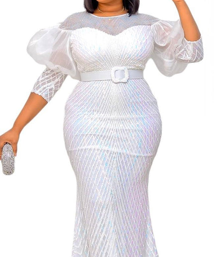 Sparkly White Sequin Mother of The Bride Mermaid Gown, Puff Sleeve Wedding Guest Dress Gala Birthday Party Cocktail