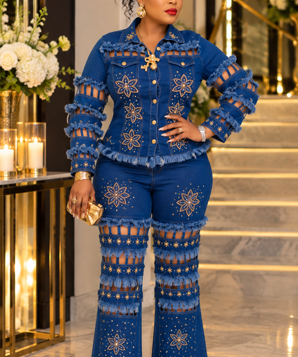 "Goodie, Yuh Too Much" Denim & Diamonds Birthday Party Dinner Girls Night Outfit Rhinestone Stretch Caged Cut-Out Black Jeans Top & Pants 2-Piece Set
