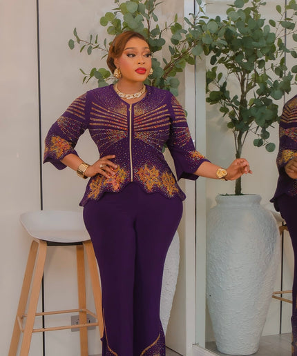 Black Rhinestone Embellished 2-Piece Set, Matching Curvy Top & Pants: Wedding Guest Outfit Graduation Cocktail