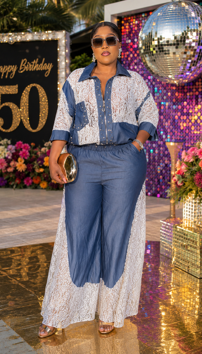 White Denim Diamonds & White Lace 2-Piece Wide Leg Set Weekend Outing Birthday Party Outfit Stretch Embellished Jeans Women's Plus Size
