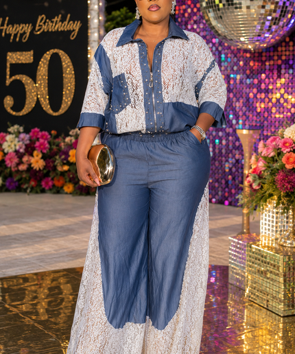 White Denim Diamonds & White Lace 2-Piece Wide Leg Set Weekend Outing Birthday Party Outfit Stretch Embellished Jeans Women's Plus Size