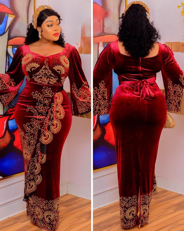 Burgundy Velvet Embellished Ruffle Dress - African Birthday Party Attire Nigerian Wedding Guest Engagement Ceremony