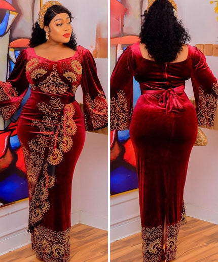 Burgundy Velvet Embellished Ruffle Dress - African Birthday Party Attire Nigerian Wedding Guest Engagement Ceremony
