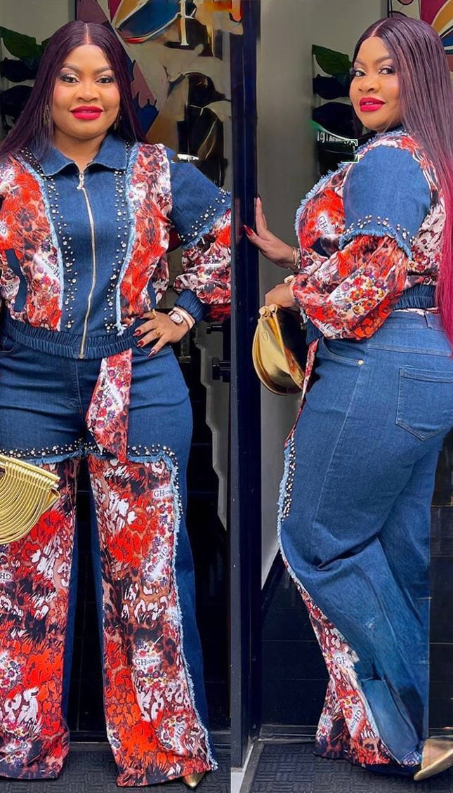 Dramatic Denim & Diamonds 2-Piece Set, Rhinestone Stretch Curvy Cotton Jeans, Birthday Party Dinner Outfit