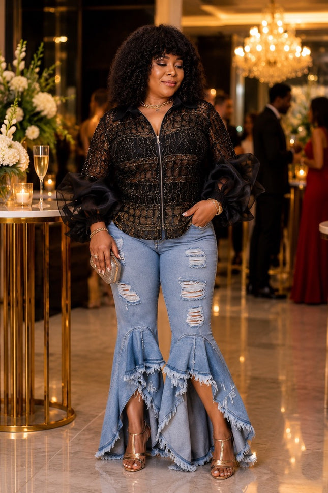 Dramatic Flare Stretch Curvy Jeans Ripped Distressed Plus Size Women's Denim Turkish Cotton