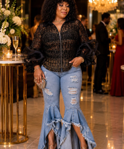 Dramatic Flare Stretch Curvy Jeans Ripped Distressed Plus Size Women's Denim Turkish Cotton
