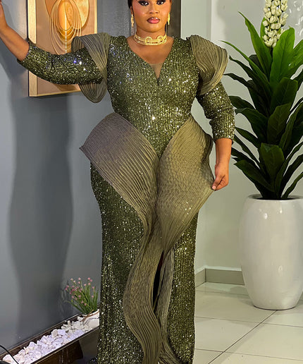 Dramatic Structured Sequin Maxi Dress All Black Party Attire Wedding Guest Gala Anniversary Outfit