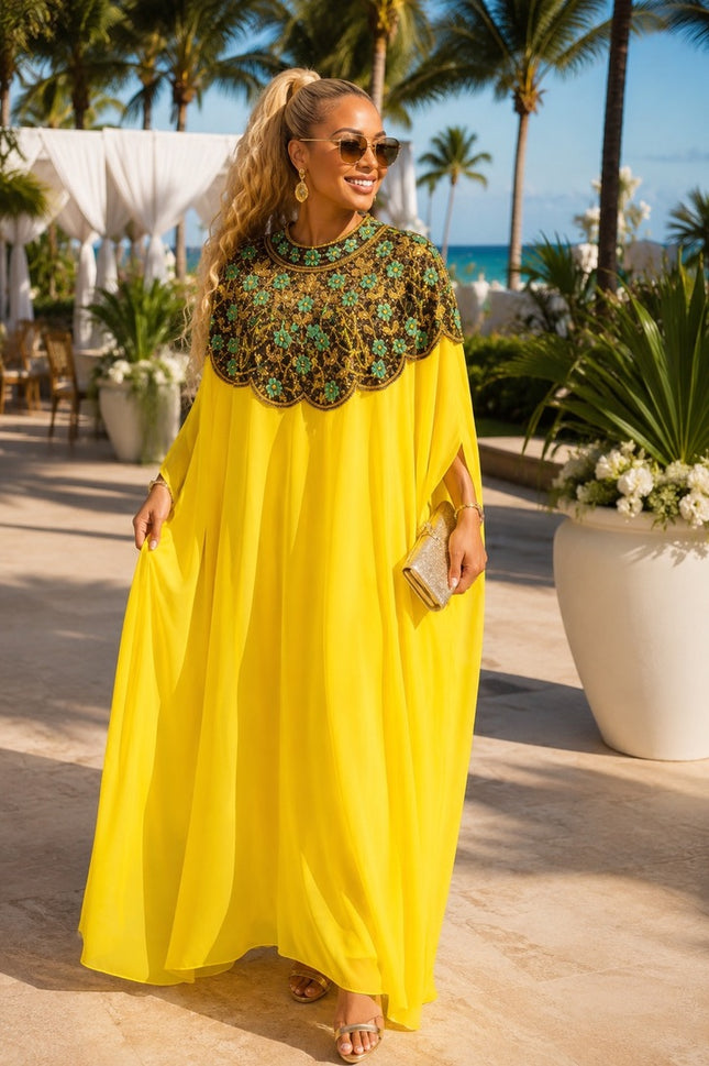 "She's That Girl" Orange Hand-Embellished Cape Kaftan Maxi Dress for Wedding Guest Mother of The Bride Cocktail Reception Formal Evening Gown