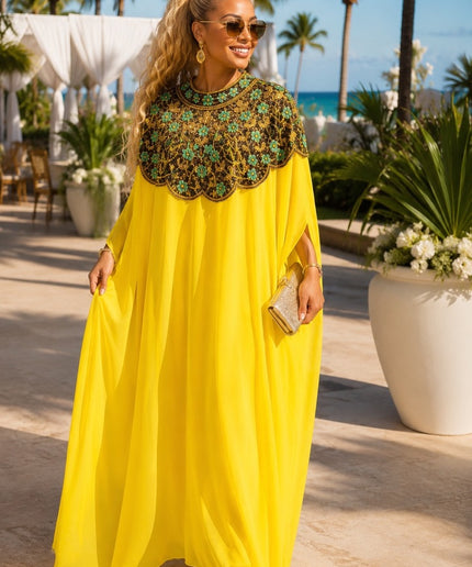 "She's That Girl" Orange Hand-Embellished Cape Kaftan Maxi Dress for Wedding Guest Mother of The Bride Cocktail Reception Formal Evening Gown