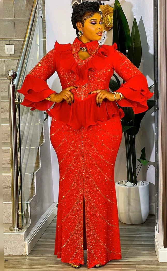 Glamorous Red Rhinestone Embellished Ruffle Peplum Maxi Dress for Wedding Guest Birthday Graduation Church Anniversary Cocktail Party